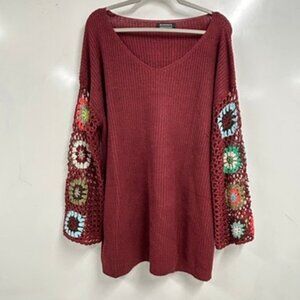 0436 BloomChic Plus Size 18-20 Rust Boho Crochet Granny Square Sleeve Sweater
